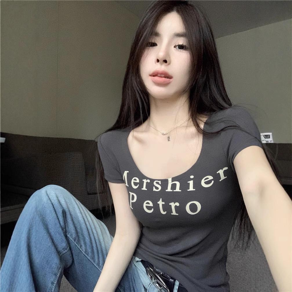American Retro Hot Girl Letter Print U-Neck Short Sleeve T-Shirt - 2025 Summer Pure Desire Style