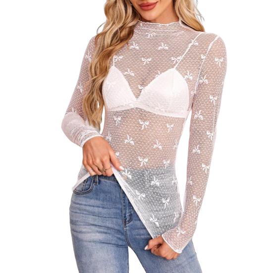 

Women Bottom Tops Half High Collar Long Sleeve Perspective Lace Tops Embroidery Bow Pattern Blouse Daily Wear S белый