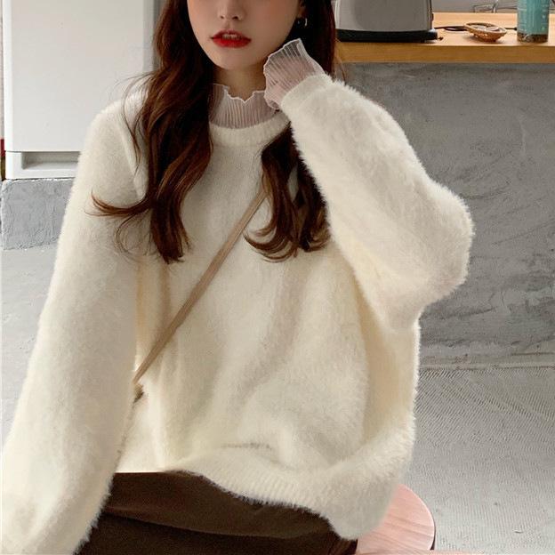 Fashion thickened outer wear loose splicing gentle wind soft waxy autumn and winter new long-sleeved pullover women's knitted sweater