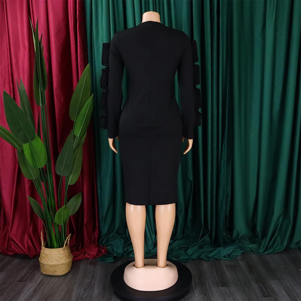 YYFS Női divat tavaszi őszi egyszínű nyomtatással, hosszú ujjú O-nyakú, magas derekú alkalmi ruhák