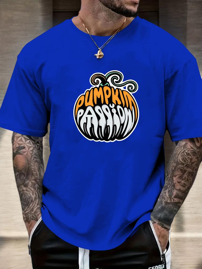 Mens Casual Tshirt Pumpkin Passion Print Short Sleeve Round Neck Breathable Soft Oversized Fun Daily Wear Tee