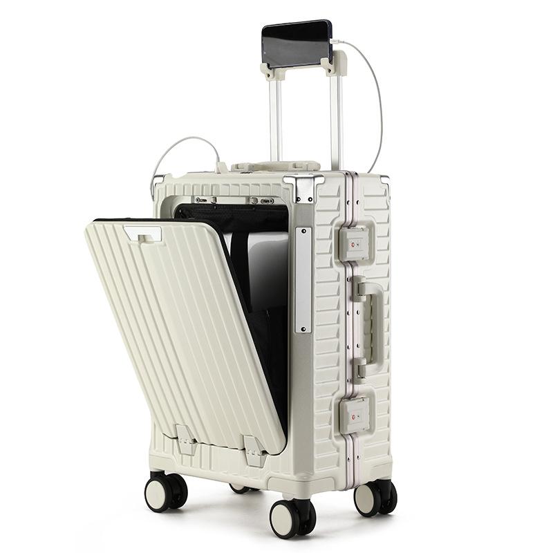 20 Inch Front Opening Multifunctional PC Aluminum Frame Carry On Luggage - Rechargeable Rolling Suitcase with Combination Lock & Spinner Wheels