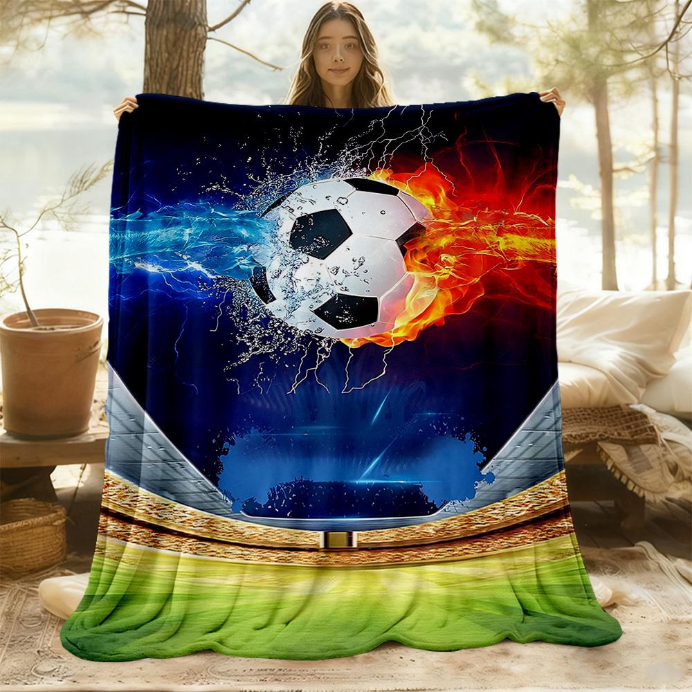 1pc Soccer Ball Fire Outdoor Blanket Lightweight Flannel, Soft & Warm, All-Season Use for Sofa, Outdoor, Camping, Living Room, Office089