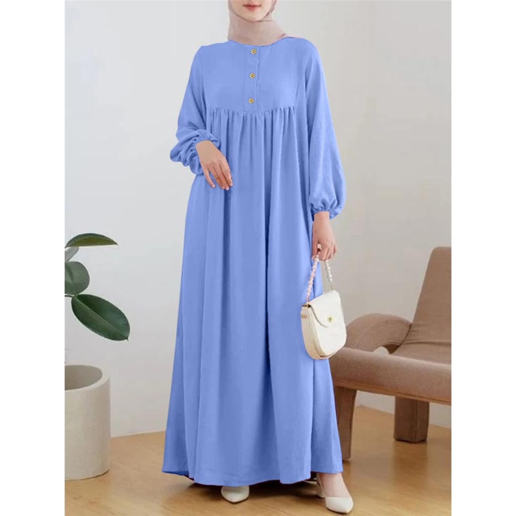 Muslim Women's Lantern Sleeve Solid Color Long Robe Dress