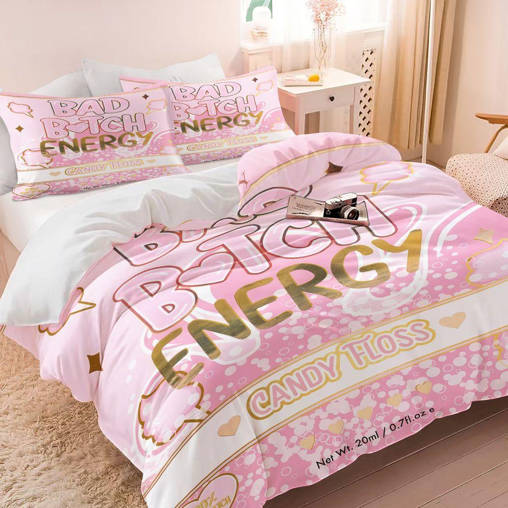 2/3Pcs Pink Aesthetic Bad Btch Energy Duvet Cover Set (1 Duvet Cover & 1/2 Pillowcase) Soft BAD Bedding Set for Bedroom Decor