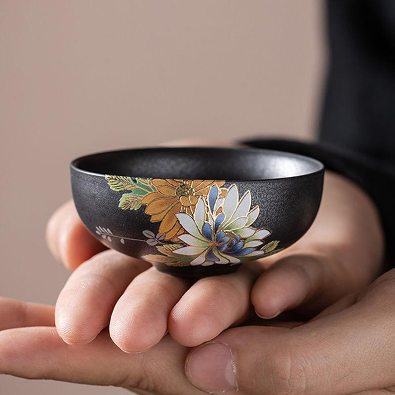 Kiln turned silver black stamping relief craft tea cup Goupin cup antique ceramic master cup tea cup Kung Fu tea set