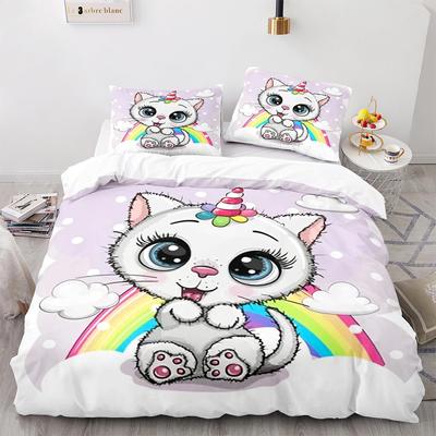 Regenbogen Katze Bettwäsche Set Einzelbett Twin Full Queen King Size Kawaii Mädchen Bettset Aldult Kind Schlafzimmer Bettdecken-Sets 3D Druck 013