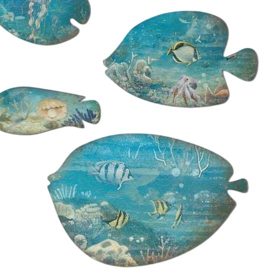 5 Pcs Wood Fish Nautical Wall Decor Rustic Blue Fish Wooden Wall Art Coastal Beach Hanging Sculpture for Home Lake House Bathroom Decor