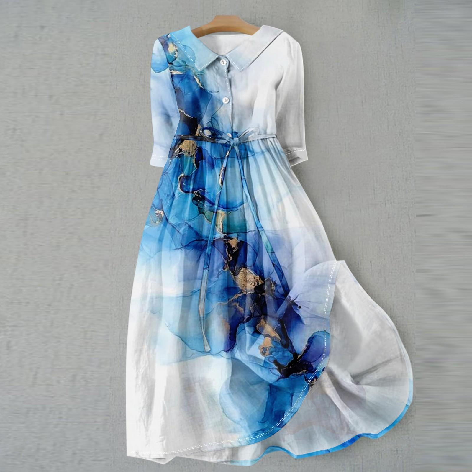 

Женское модное винтажное платье с цветочным принтом и пуговицами с лацканами и рукавами три четверти на бретельках XXL темно-синий