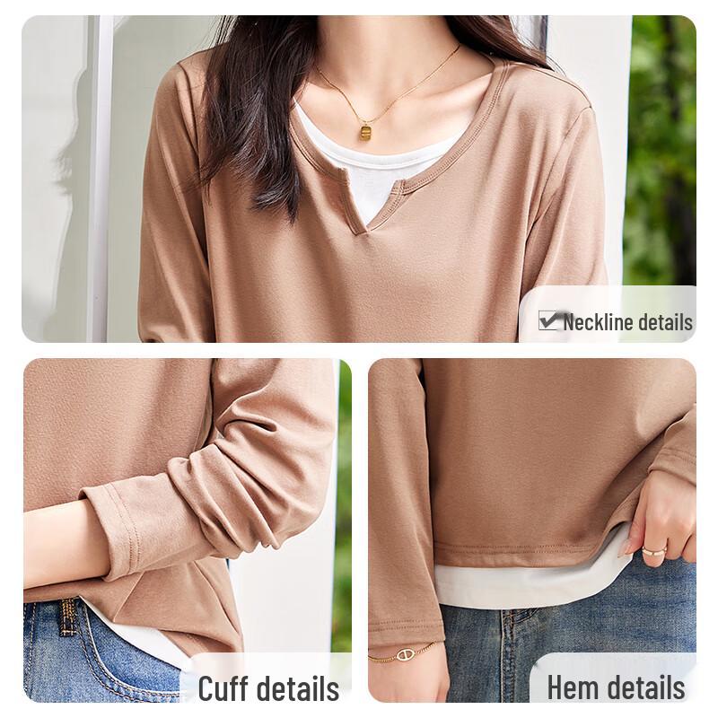 Women's V-Neck Faux Two-Piece Contrast Stitching Casual T-Shirt