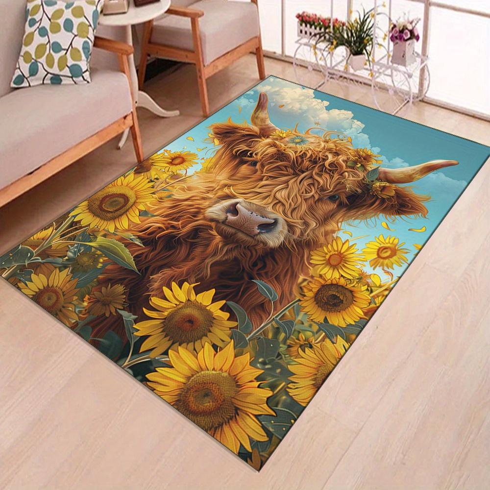 Large Highland Cattle & Sunflowers Printed Area Rug – Durable, Non-Slip Decorative Carpet for Bedroom, Kitchen, or Living Room,