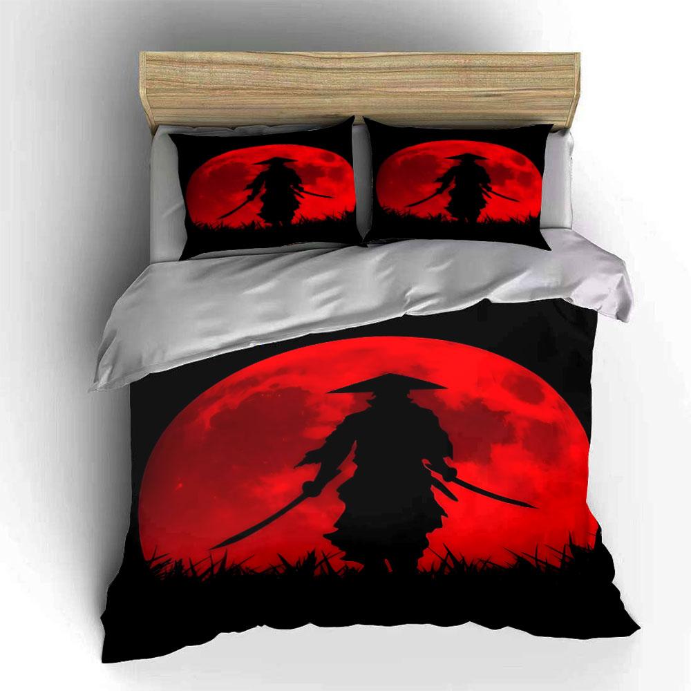 Samurai Guerriero Luna Rossa Set Copripiumino (1*Copripiumino 2*Federe, senza piumino)