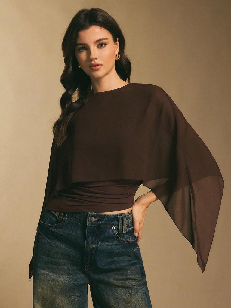 2026 Summer Women's Cape Sleeve Chiffon Top: Round Neck, Loose, Elegant Irregular Design
