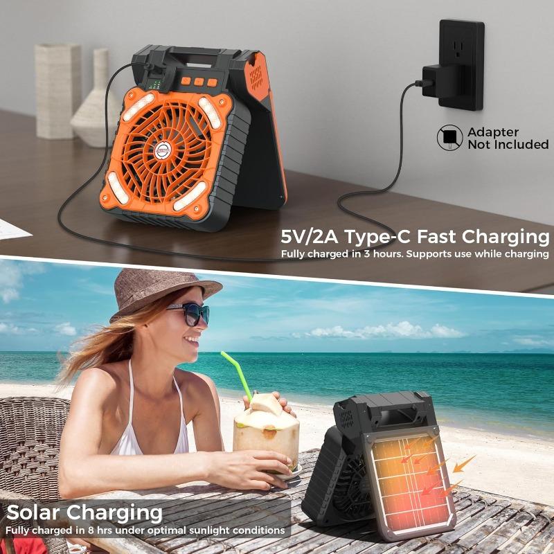 Solar Camping Fan with Lantern Rechargeable Operated Fan 18H Run Time Max 4 Speeds Timer 90° Adjustable Portable Desk Fan for Power Outage Outdoor Use