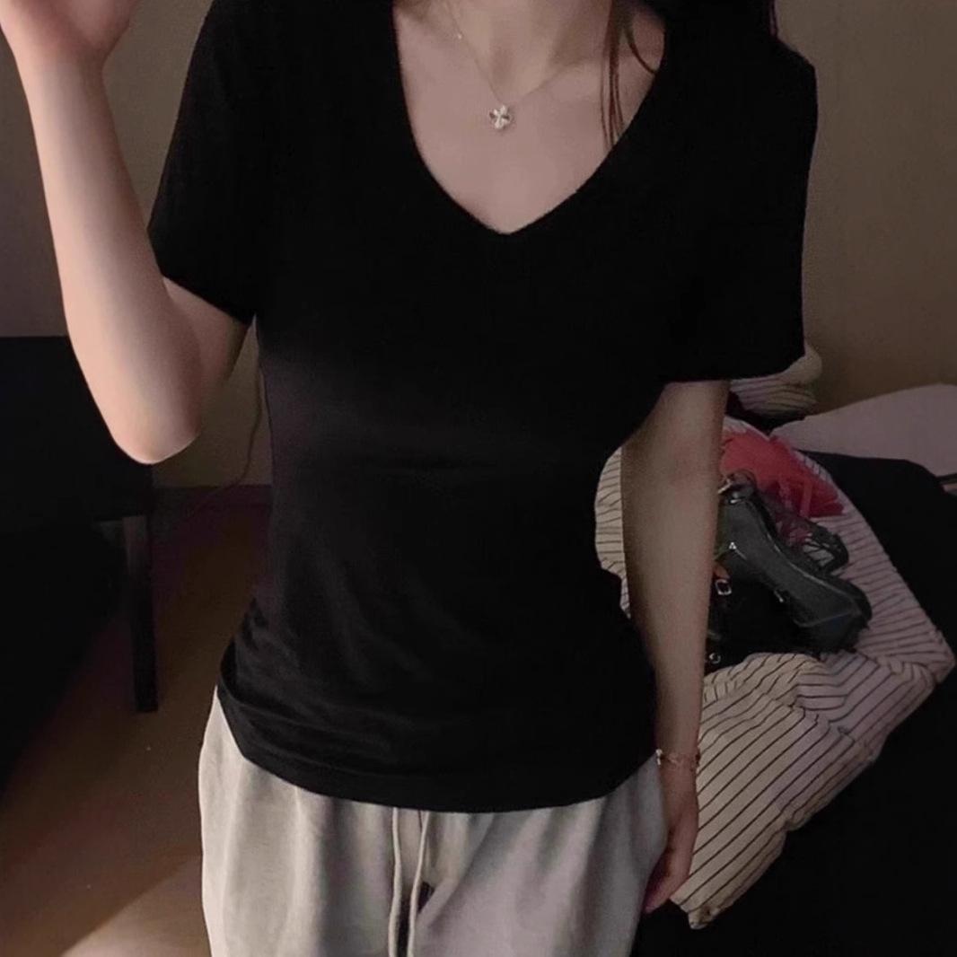 

Футболка с короткими рукавами из хлопка, летняя, облегающая, с короткими плечами спереди и V-образным вырезом, однотонная, корейская футболка XL чёрный