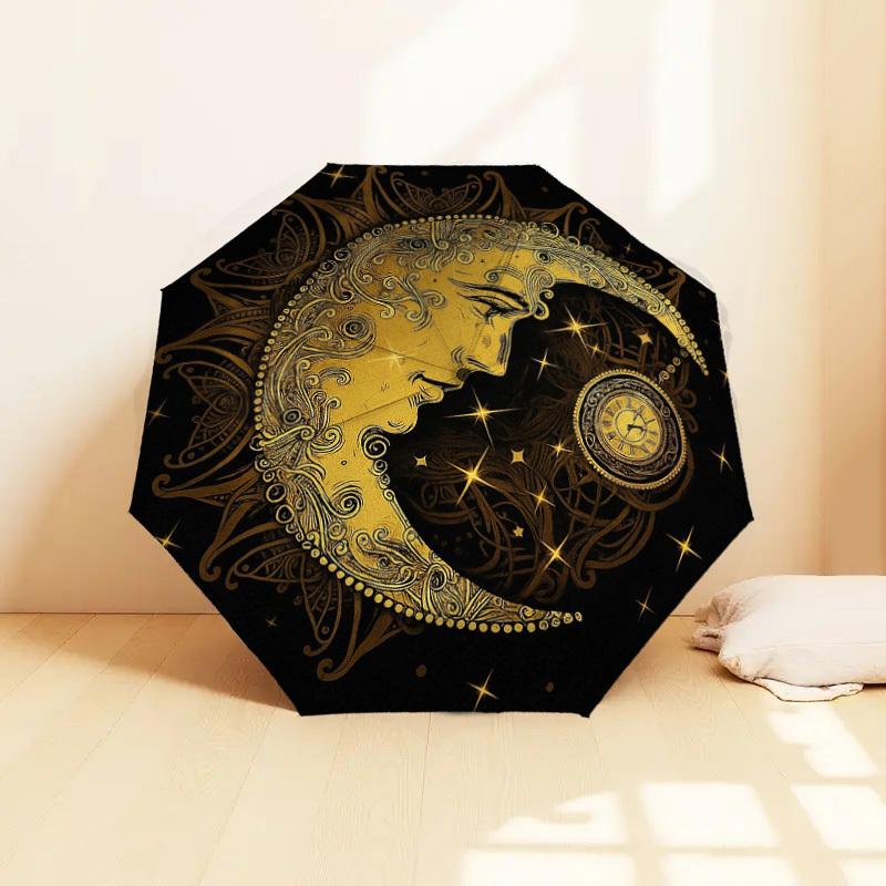 1PC Moon, Clock Pattern Small Travel Compact Windproof Umbrella, Automatic Folding Umbrella, Automatic Open/Close ,Gift-173