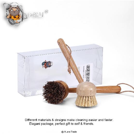 

FOLI Bamboo Handle Dish Scrub Brushes - Wooden Cleaning Scrubbers with Stiff Bristles for Washing Kitchen Cast Iron Pan Pot (2PCS with Sisal & Palm