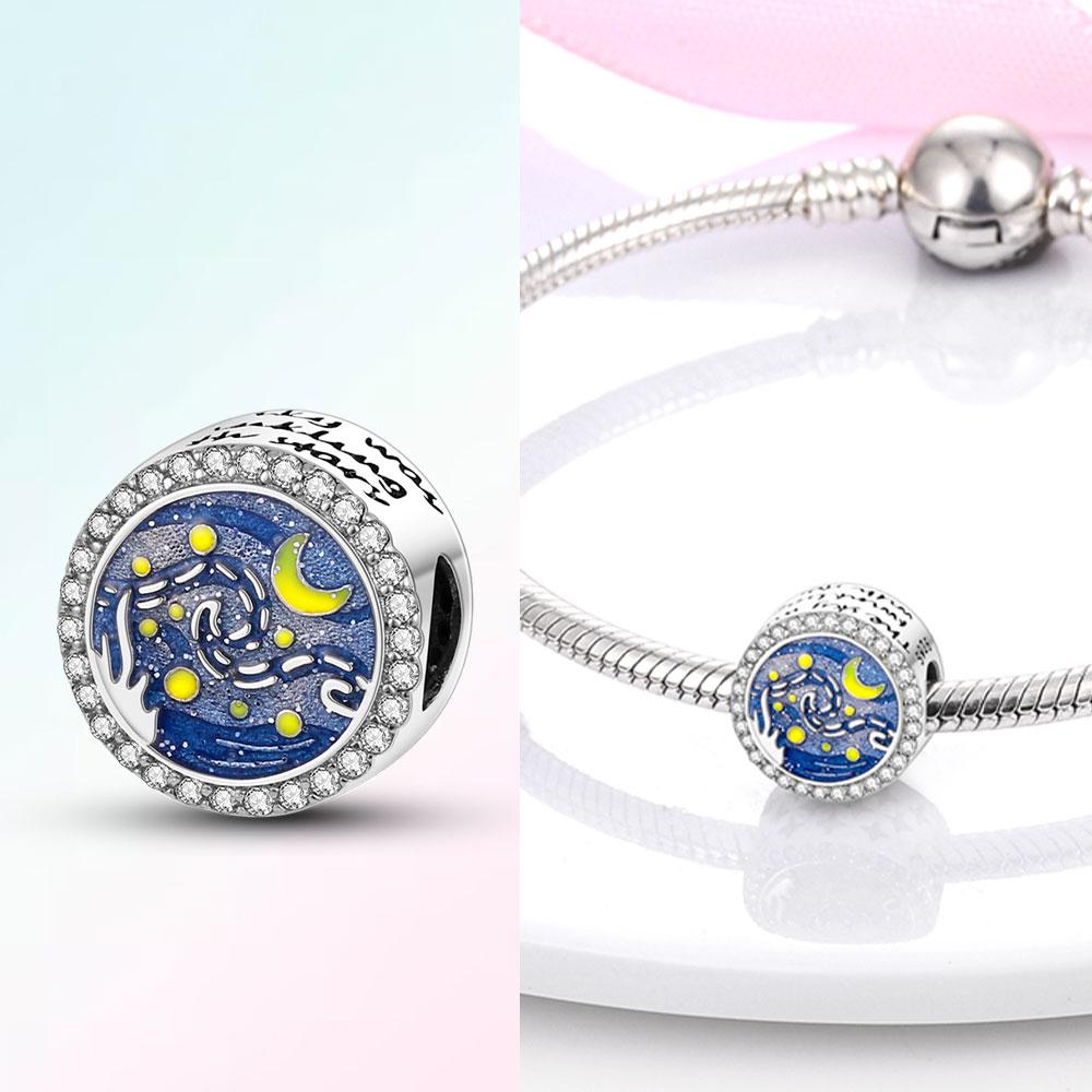 Original Blue Star Spaceship Heart Charms 925 Silver Beads for Women DIY Bracelet Necklace Jewelry Gift