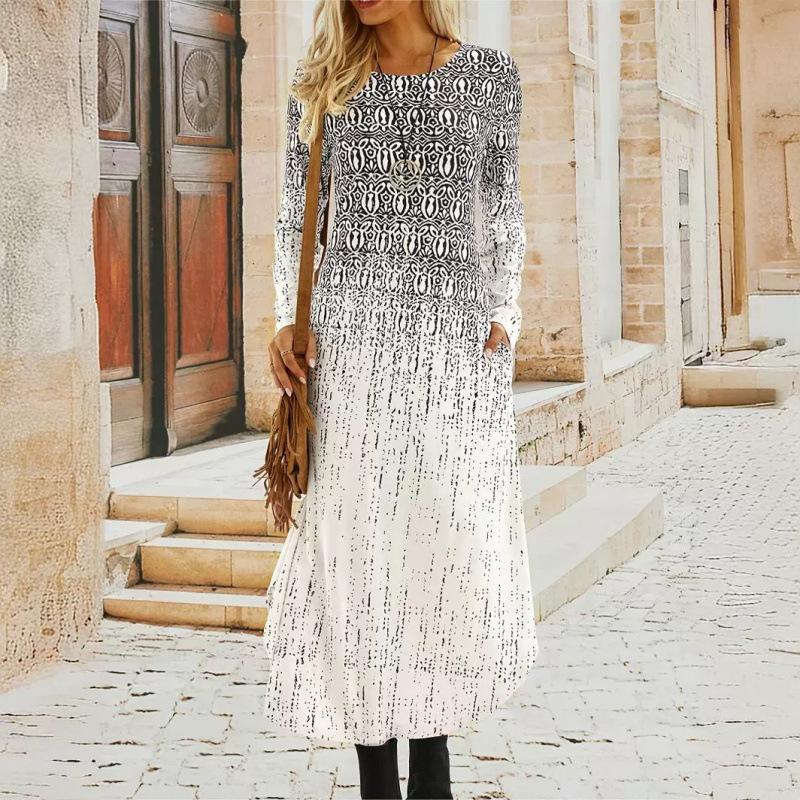 

Women s Fall Casual Long Sleeve Maxi Dress, Round Neck Geometric Print Loose Fit Long Dress with Side Pockets for Daily & Vacation Wear S белый