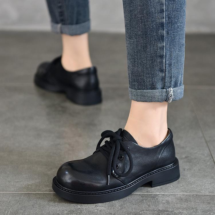 Johnature Low Heel Pumps Genuine Leather Lace-up Versatile Retro British Style Round Toe Women's Shoes