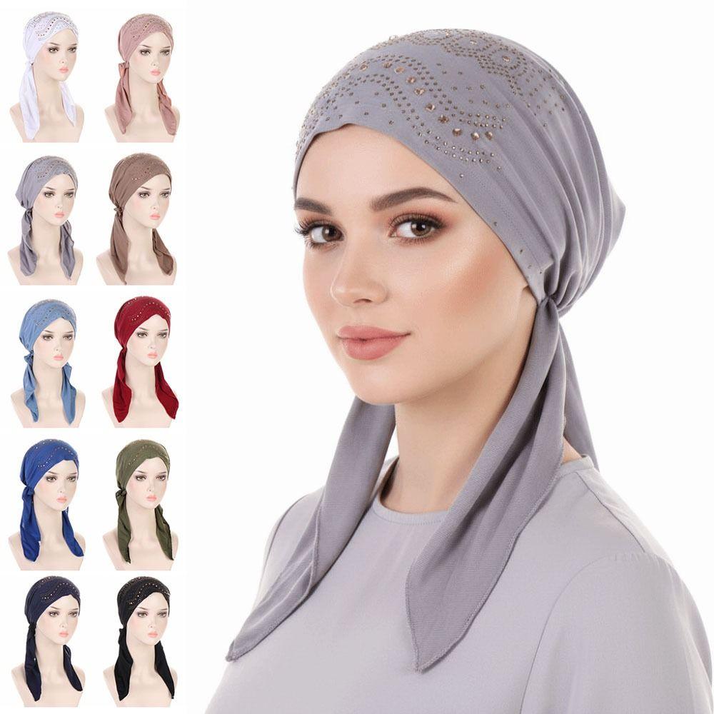 Thin Summer Muslim Headscarf Hat Solid Color Rhinestone Hijab Caps  Ramadan