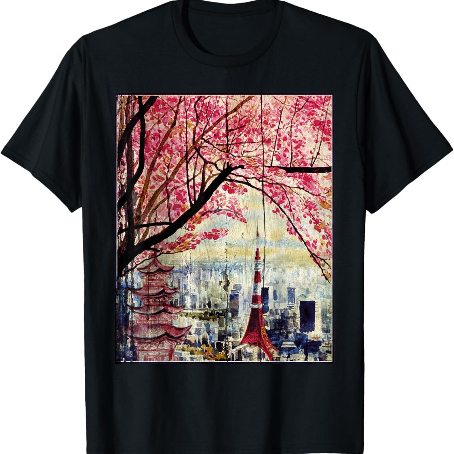 Винтажная футболка с принтом  Цветущая вишня Токио  в стиле японской гравюры(1) S чёрный