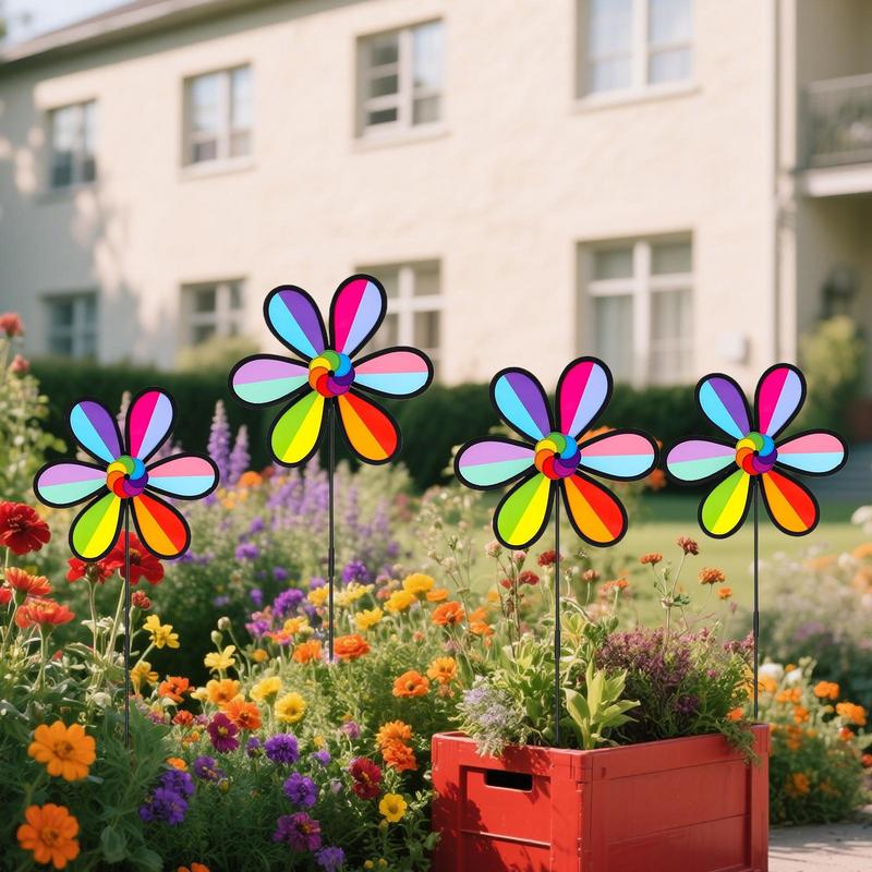 Garden Windmill Set Of 4 Petal Shape Colorful Yard Pinwheels Weather-Resistant Outdoor Decorations For Patio Lawn Terrace Porch