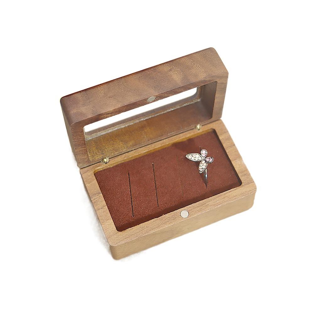 Magnetic Cover Square Rings Holder 4 Slots Jewelry Ring Holder Black Walnut Cufflinks Box  Wedding