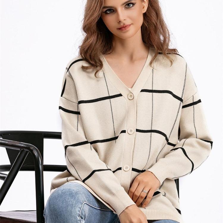 Autumn Winter Women Jacquard Sweater Loose Knit Coat V Neck Long Patterned