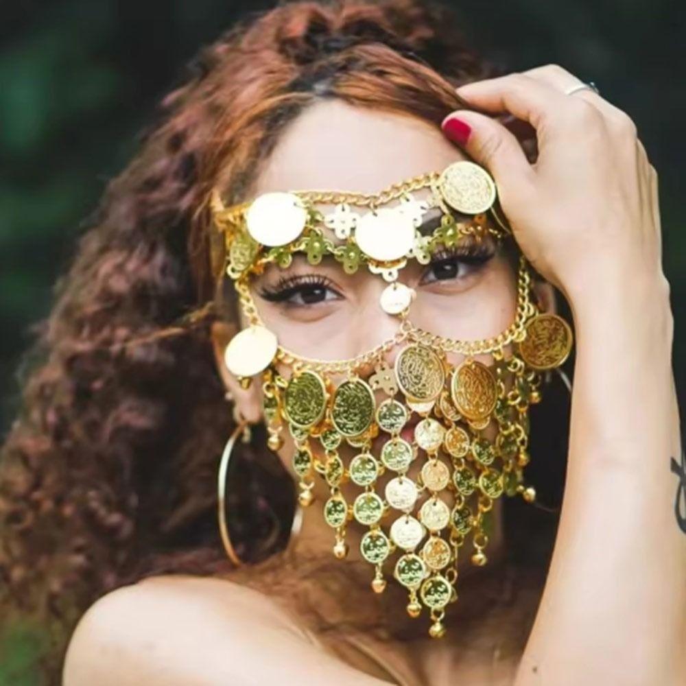 Coin Bell Tassel Masquerade Mask Veil Bohemian Style Luxury Belly Dance Stage Cosplay Hollow Out Fashion Women's Jewelry Mask