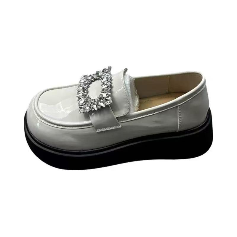 2025 new platform loafers women's black small leather shoes high-end rhinestone thick heel spring and autumn British Mary Jane shoes