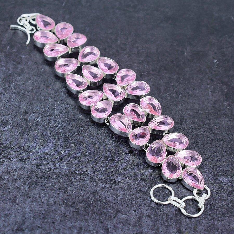 Pink Kunzite Gemstone 925 Sterling Silver Bracelet 7-8"