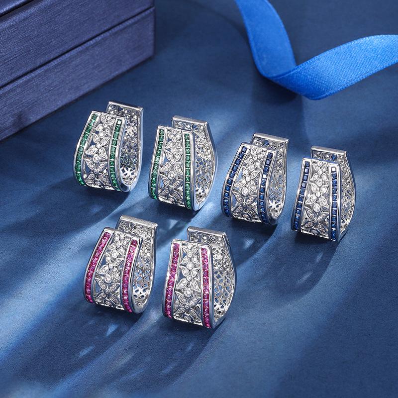 Jewelry Copper Bottom Gold-Plated Color Treasure Simulation Color Treasure Diamond-Encrusted Hollow Stud Earrings Ear Clips Women'S Style