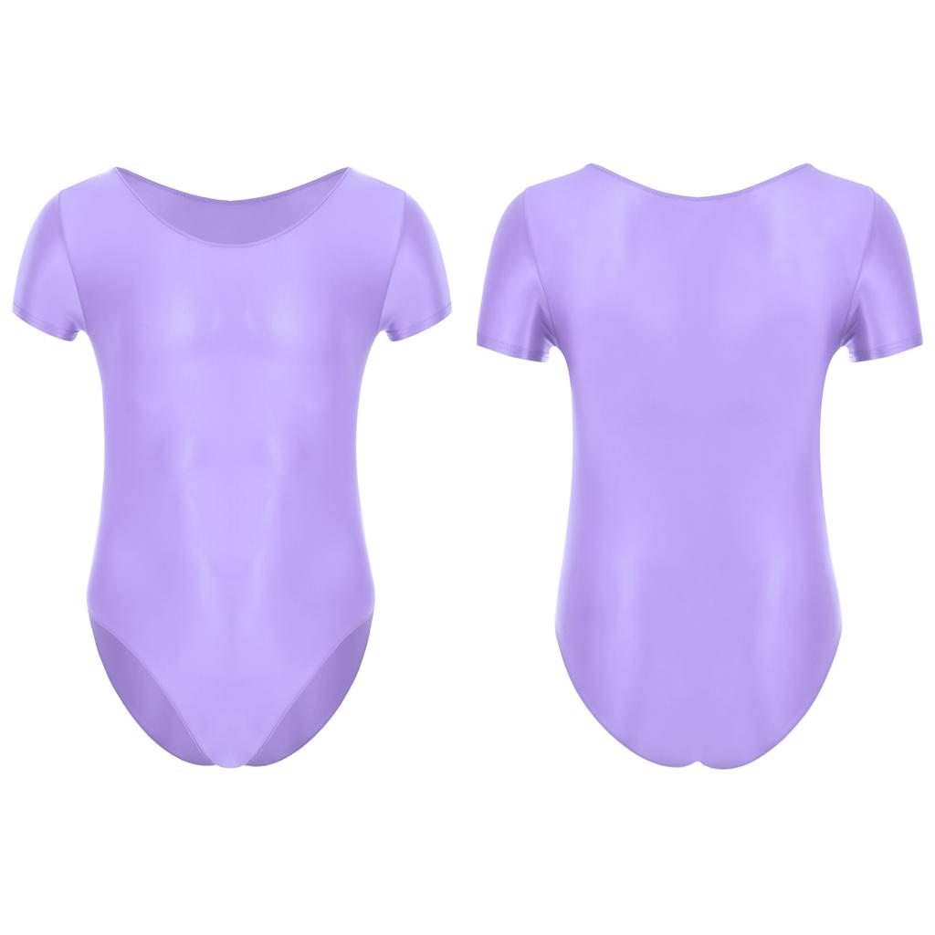 Mens Solid Color Short Sleeve Leotard Glossy Round Neck High Cut Bodysuit Swimwear Sportswear