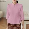 ZANZEA Women Casual Stand Collar 3/4 Sleeve Retro Blouse