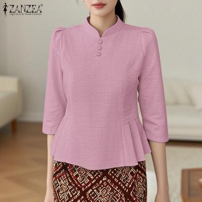 Women Casual Stand Collar 3/4 Sleeve Retro Blouse