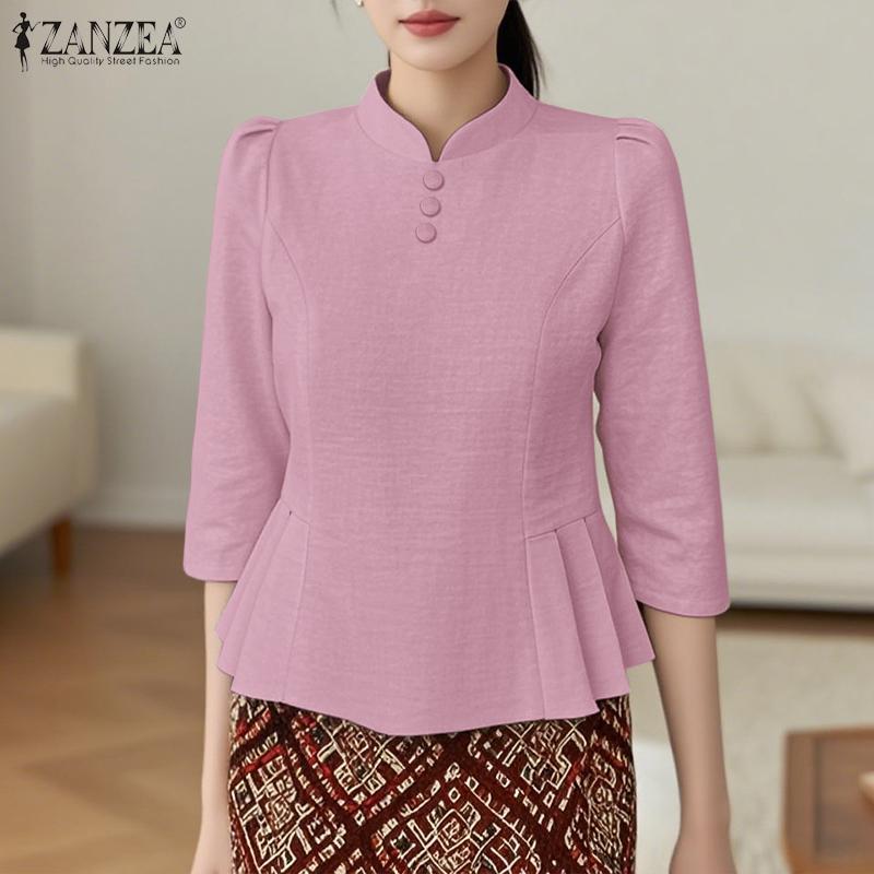 ZANZEA Women Casual Stand Collar 3/4 Sleeve Retro Blouse