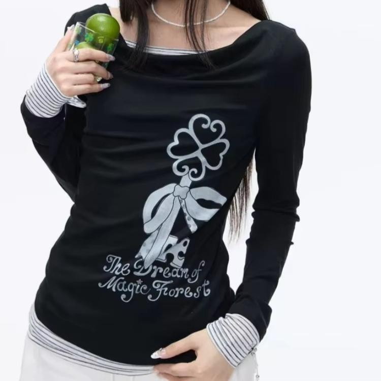 Y2k Aesthetic Fake Two Pieces T-shirt Harajuku Polka Dot Patchwork Casual Tops Women Printing Grunge Slim Fit Tshirts