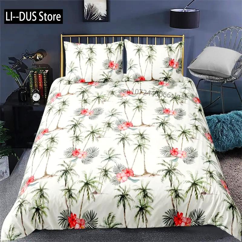 Vibrant Botanical Floral Duvet Cover Twin Size Lotus Flower Leaves Bedding Set Soft Tropical Tree Quilt Cover with Pillowcases