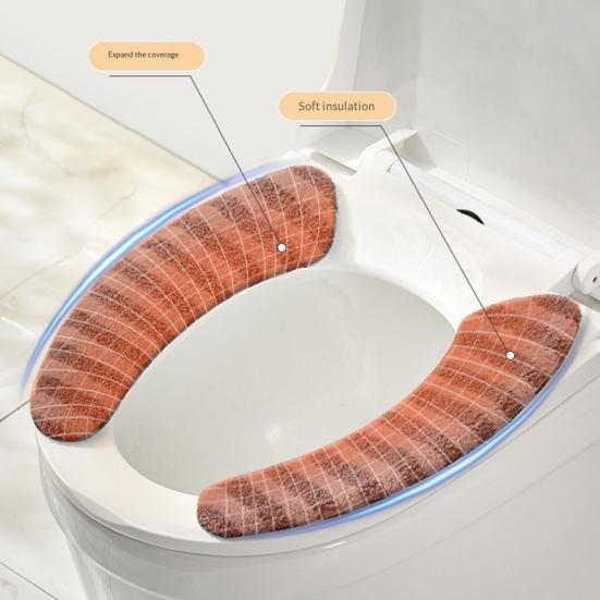 1 Pair Toilet Mat Striped Pattern Thickened Design Plush Warm Toilet Seat Protector Easy Installation Bathroom Mat
