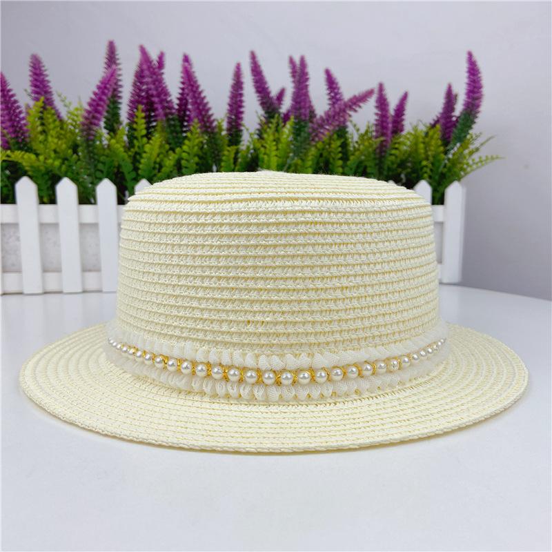 Summer small eaves straw weaving flat top flat eaves lace pearl bead grass hat sunscreen travel Internet celebrity women's Xiaoxiang style