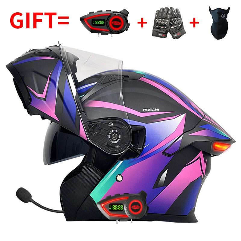 Bluetooth Smart Tail Light Motorcycle Flip-Up Helmet Men Women All Season Full Face Off-Road Riding
