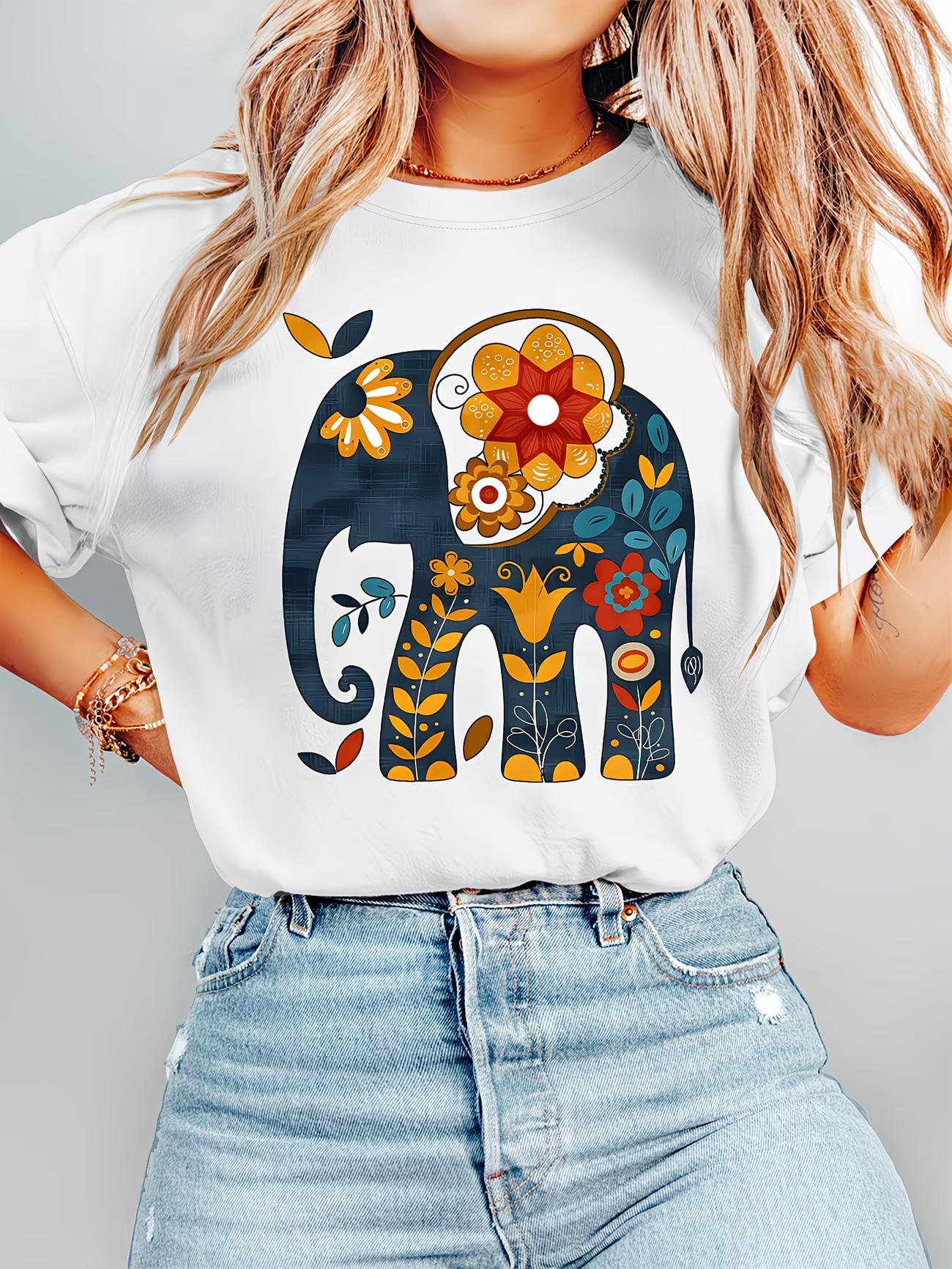 

Womens Bohemian Elephant Print TShirt Soft Round Neck Short Sleeve Top with Vibrant Elephant Floral Design 4XL