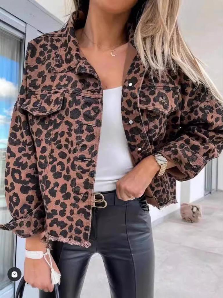 Leopard Print Denim Jacket for Women - European & American Fashion Style