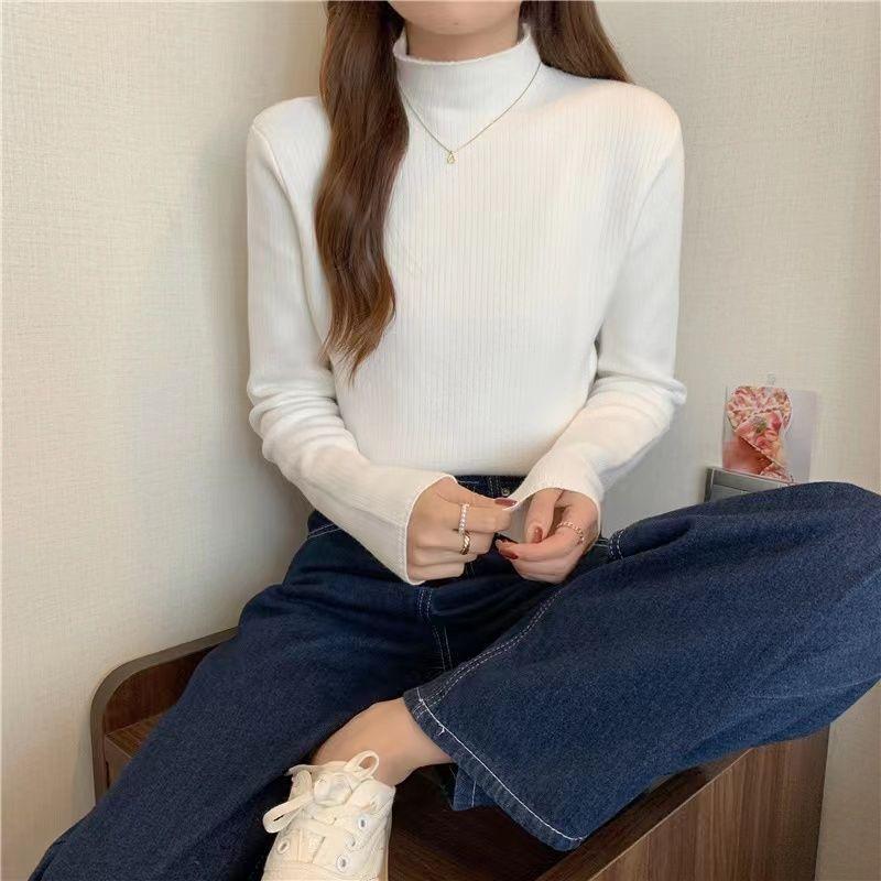 Fleece and Thickened Sweater Top for Women In Winter Semi-high-neck Pullover and Fitted Knitted Sweater Worn Inside