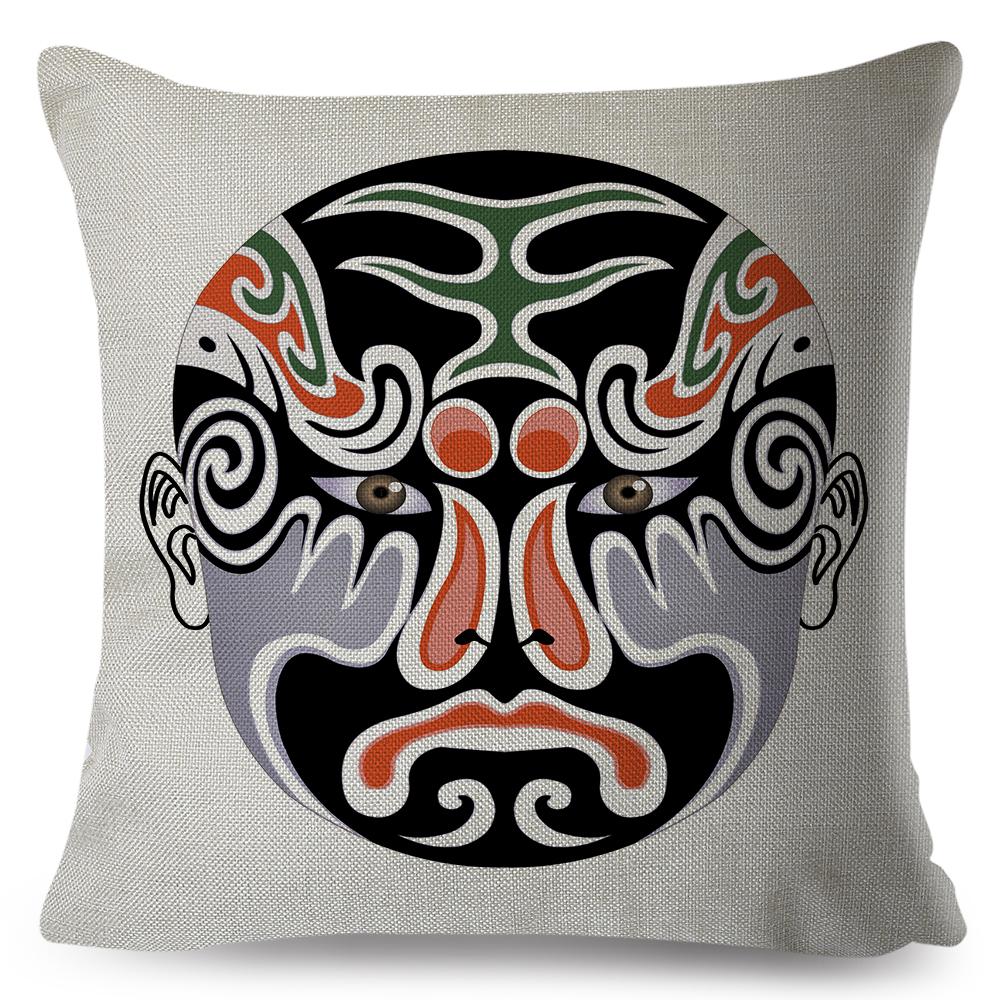 Chinese Opera Mask Pillow Xcm Original Artistic Illustration Vibrant Traditional Colors Woven Fabric Cover