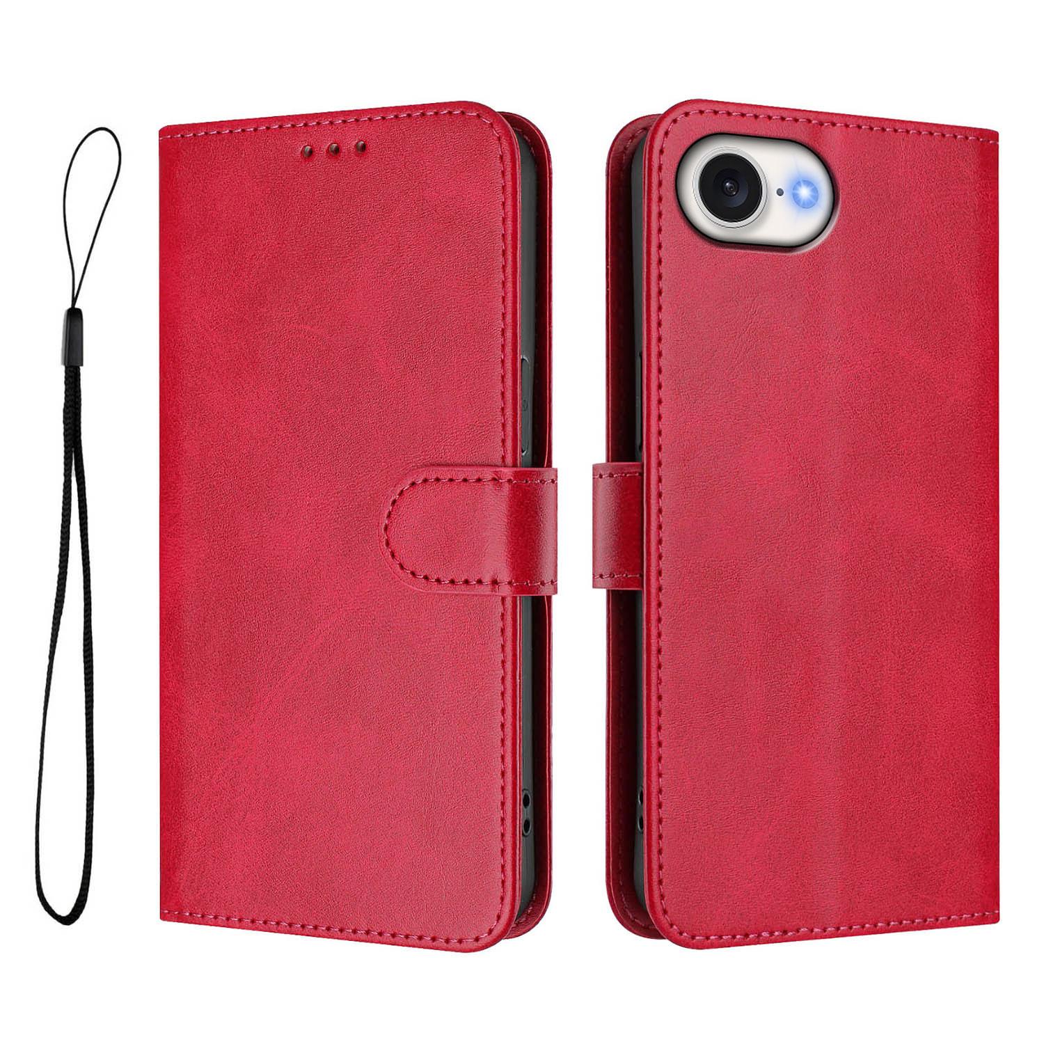 

For iPhone 16e Wallet Case RFID Blocking Calf Texture Leather Stand Phone Cover with Strap Rose