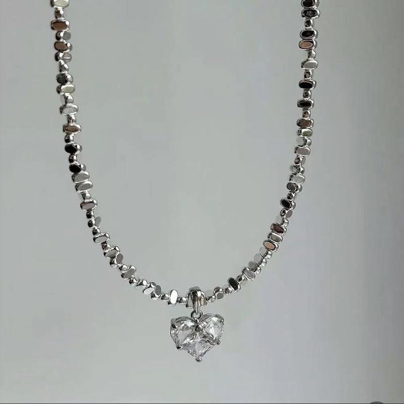 1Pc Design Exaggerated Irregular  Beads Chain With Crystal Heart Pendant Necklace for Women Valentine's Gift