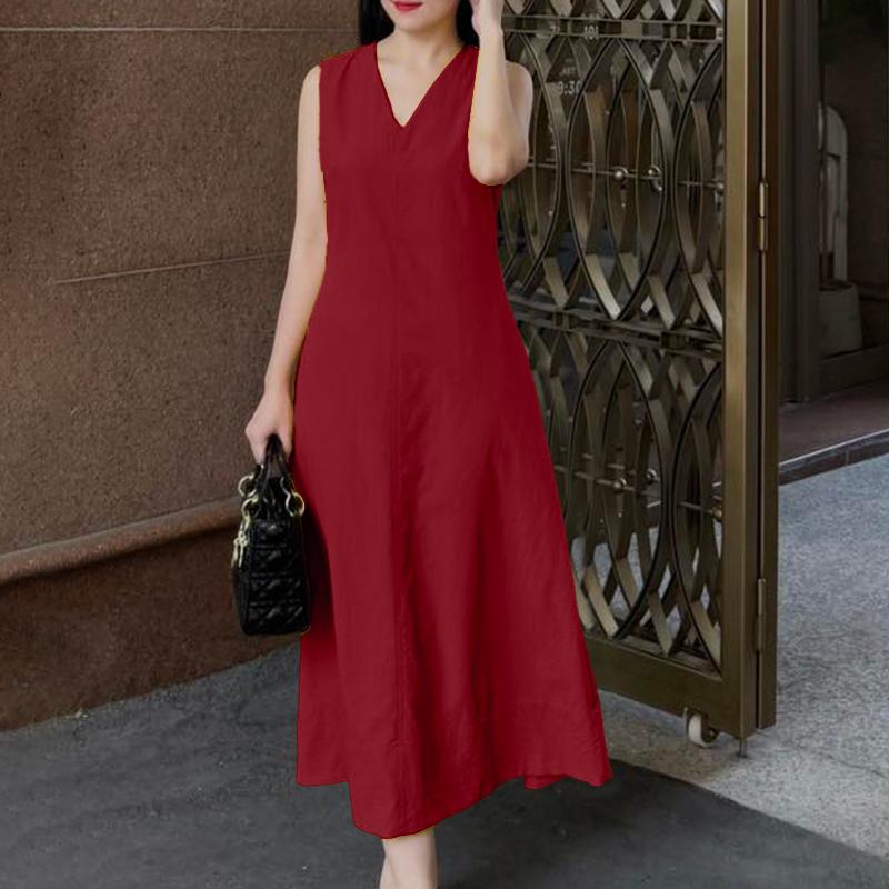 ZANZEA Women Elegant V-Neck Casual Sleeveless Dress