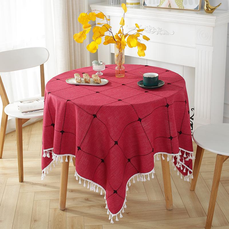 Nordic Ins Style Round Table Cloth Fringed Large Plaid Picnic Table Fabric Imitation Cotton And Linen Tablecloth Cover Cloth Spot Batch
